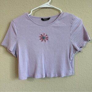 Shein Crop Top Light Purple Ribbed Short Sleeve Flower Embroidery Retro 90s